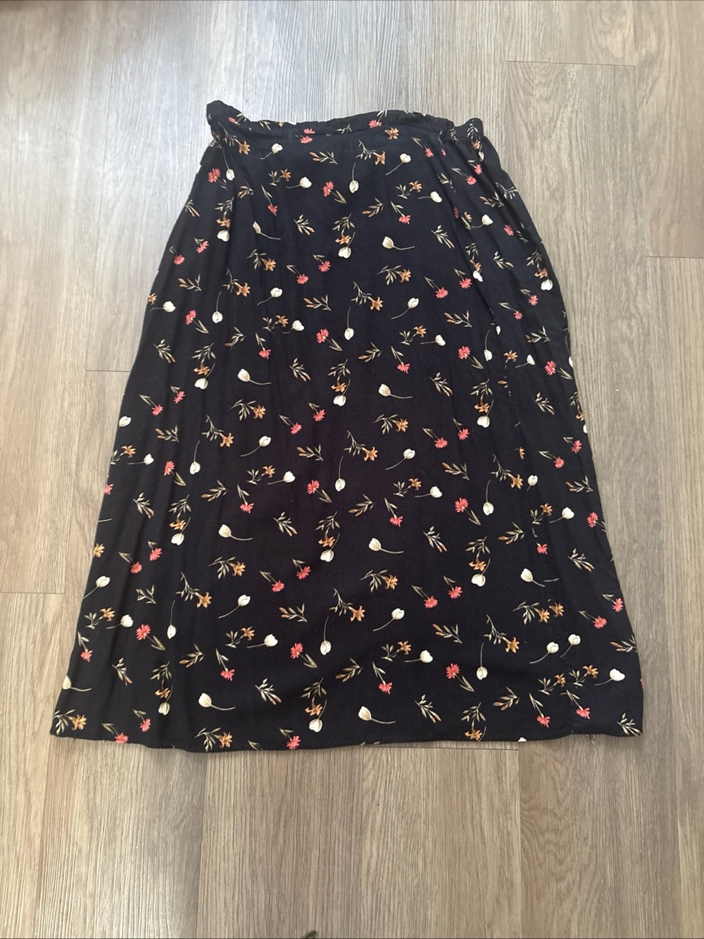 Black Floral A-Line Midi Skirt in Black with Pink & Cream Accents